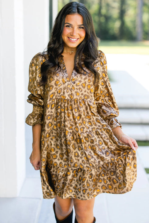 All Over Leopard Print Ruffled Sleeve Tiered Mini Dress