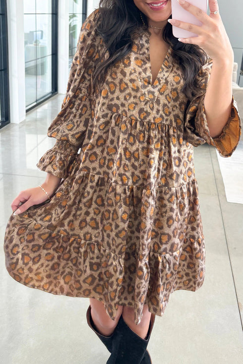 All Over Leopard Print Ruffled Sleeve Tiered Mini Dress
