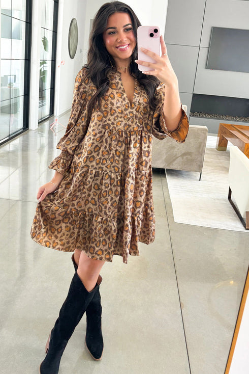 All Over Leopard Print Ruffled Sleeve Tiered Mini Dress