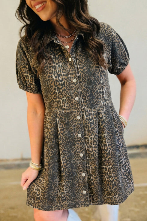 All Over Leopard Print Short Sleeve Pleated Denim Mini Dress