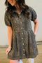 All Over Leopard Print Short Sleeve Pleated Denim Mini Dress