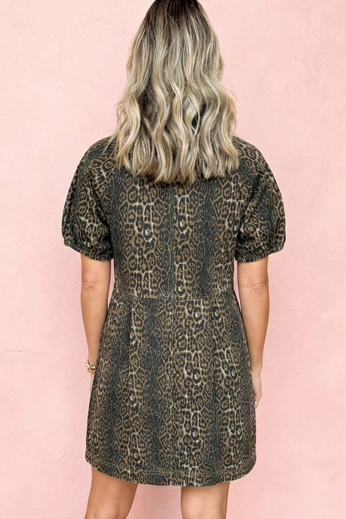 All Over Leopard Print Short Sleeve Pleated Denim Mini Dress