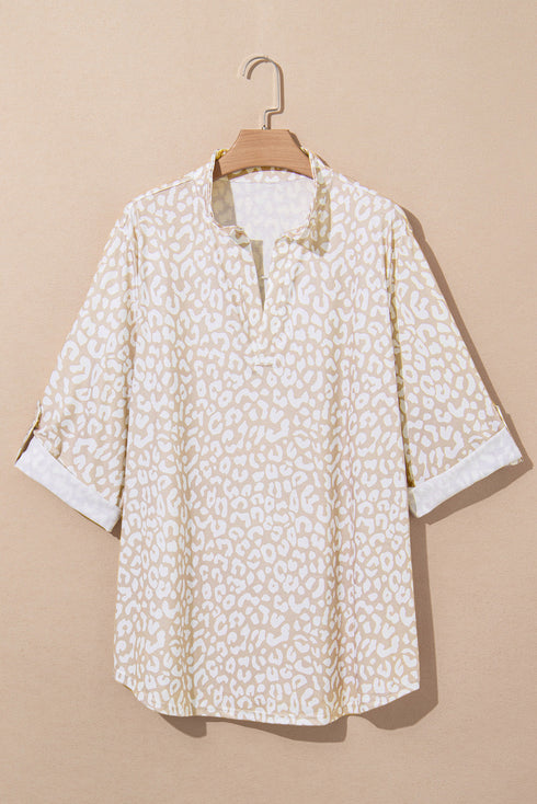 All Over Leopard Print Tab Sleeve V Neck Blouse