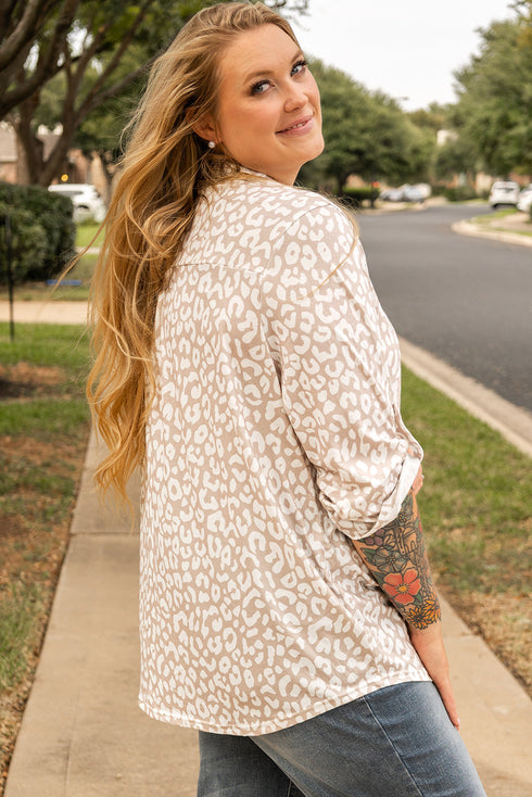 All Over Leopard Print Tab Sleeve V Neck Blouse