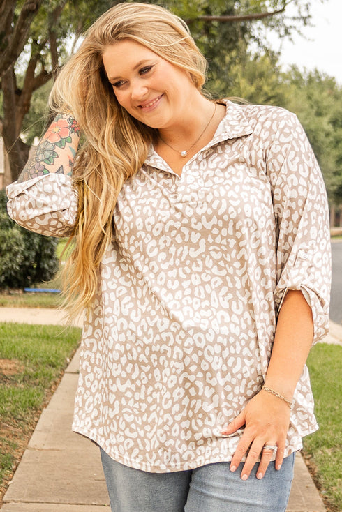 All Over Leopard Print Tab Sleeve V Neck Blouse