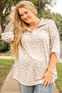 All Over Leopard Print Tab Sleeve V Neck Blouse