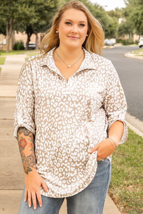 All Over Leopard Print Tab Sleeve V Neck Blouse