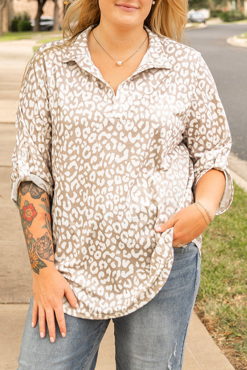 All Over Leopard Print Tab Sleeve V Neck Blouse