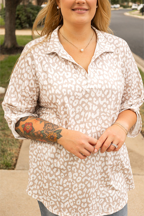All Over Leopard Print Tab Sleeve V Neck Blouse