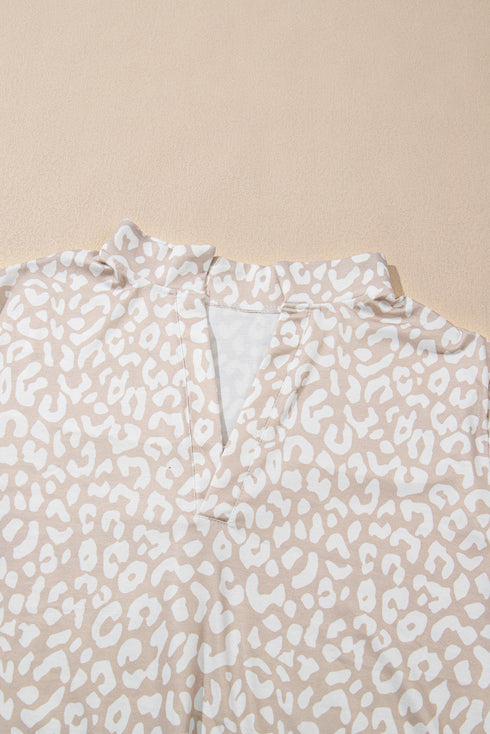 All Over Leopard Print Tab Sleeve V Neck Blouse