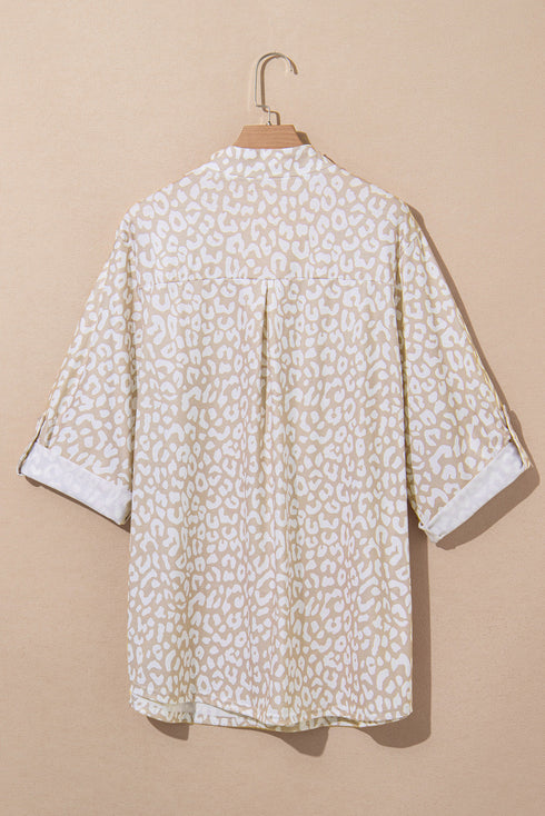All Over Leopard Print Tab Sleeve V Neck Blouse