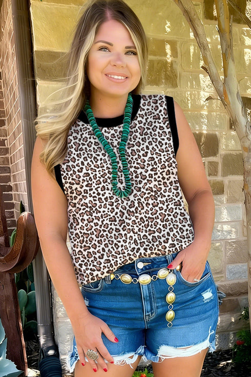 All Over Leopard Print Western Contrast Trim Tank Top