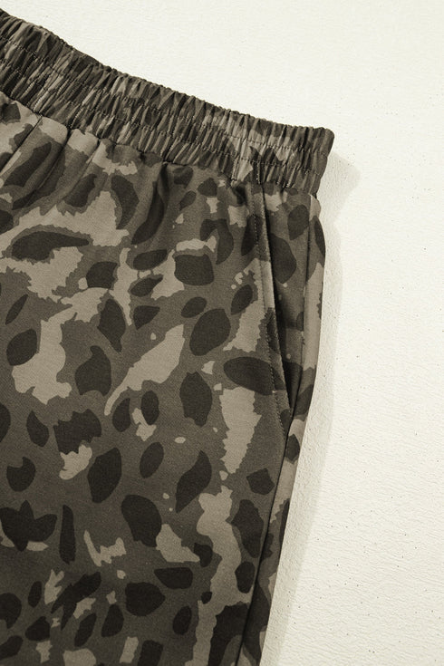 All Over Leopard Print Western Crew Neck Short Sets