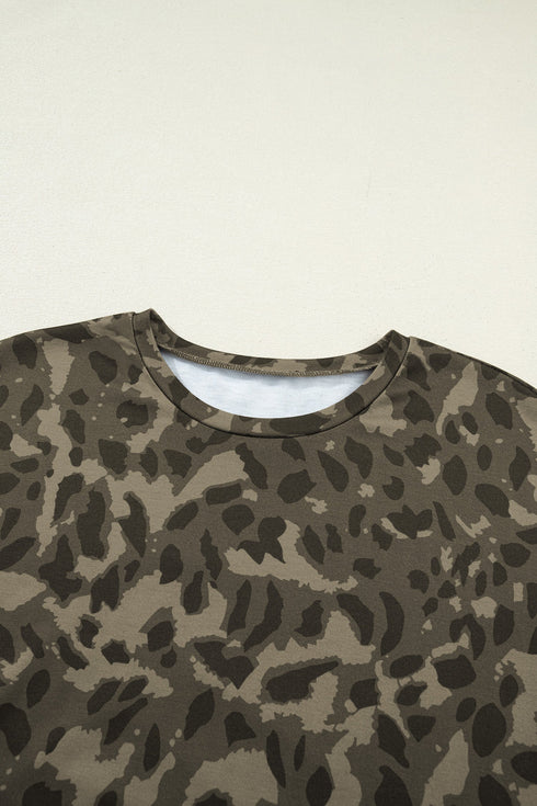 All Over Leopard Print Western Crew Neck Short Sets