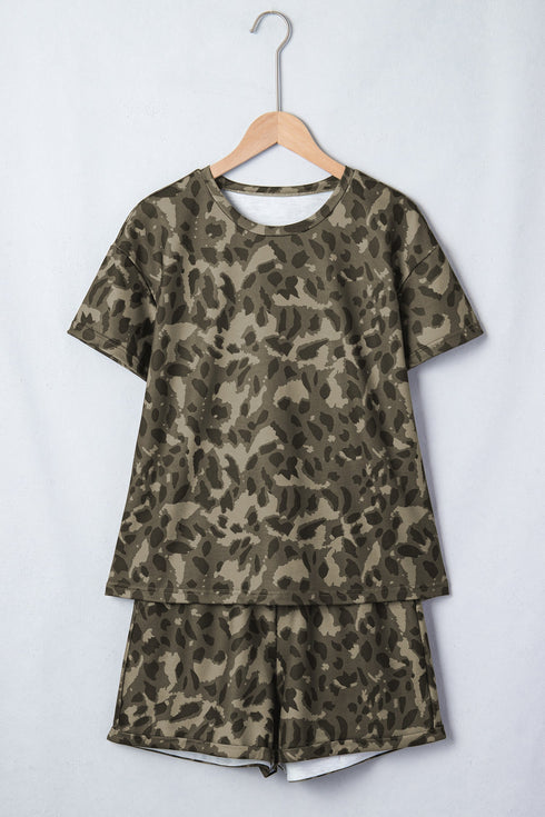 All Over Leopard Print Western Crew Neck Short Sets