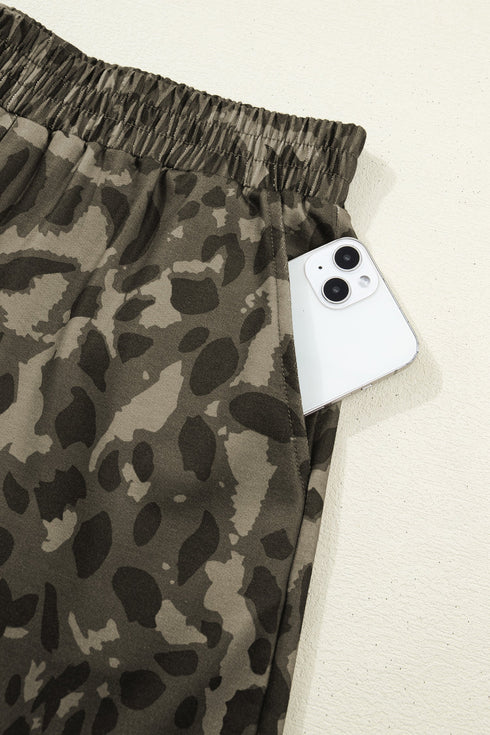 All Over Leopard Print Western Crew Neck Short Sets