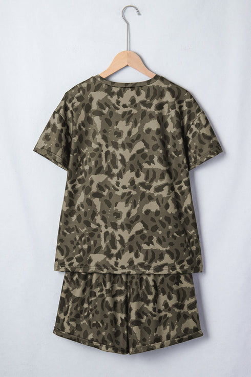 All Over Leopard Print Western Crew Neck Short Sets