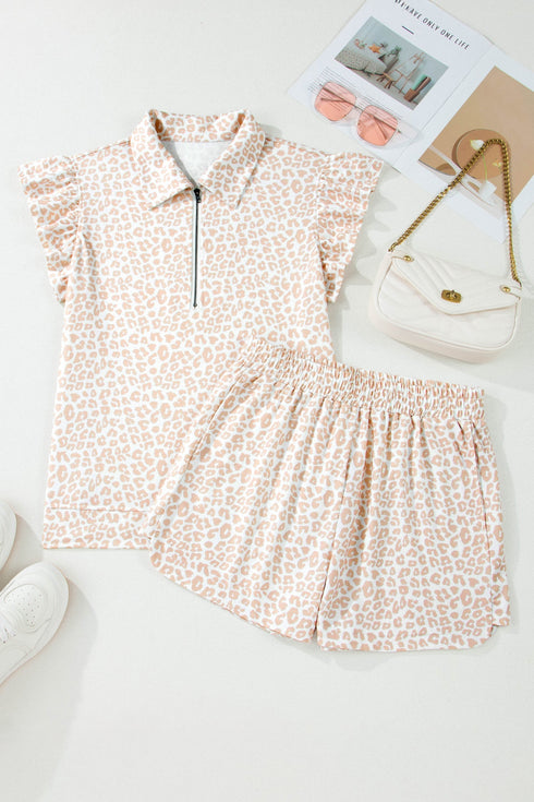 All Over Leopard Print Western Zip Polo Short Set