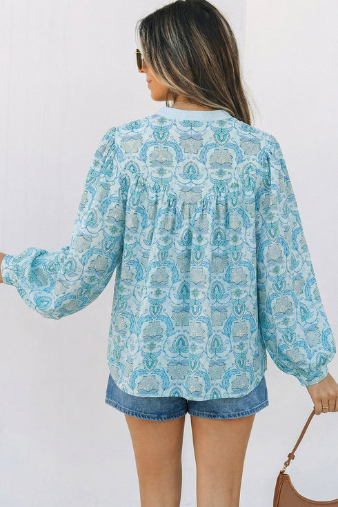All Over Paisley Print Puff Sleeve Bohemian Shirt