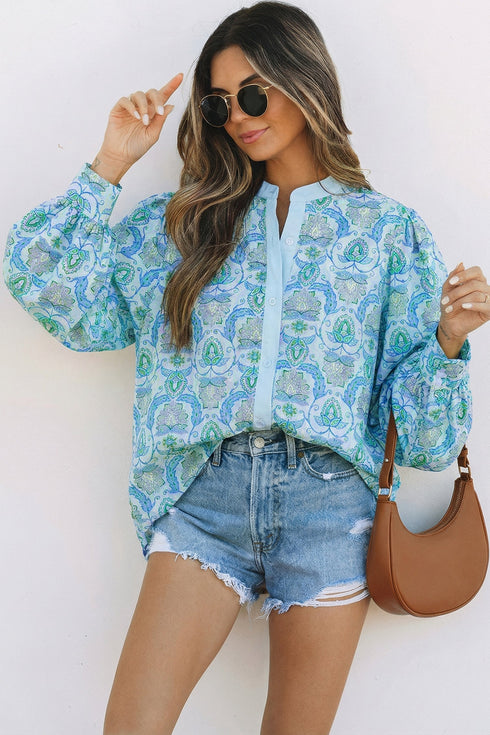 All Over Paisley Print Puff Sleeve Bohemian Shirt