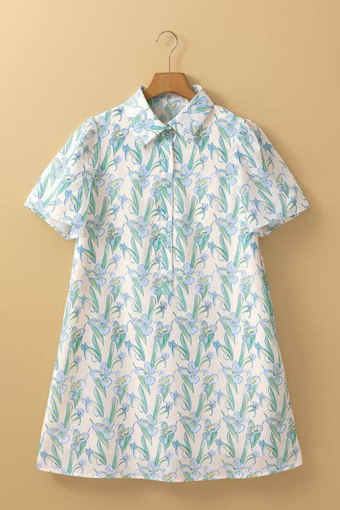 All Over Print Collared Short Sleeve Shift Floral Dress