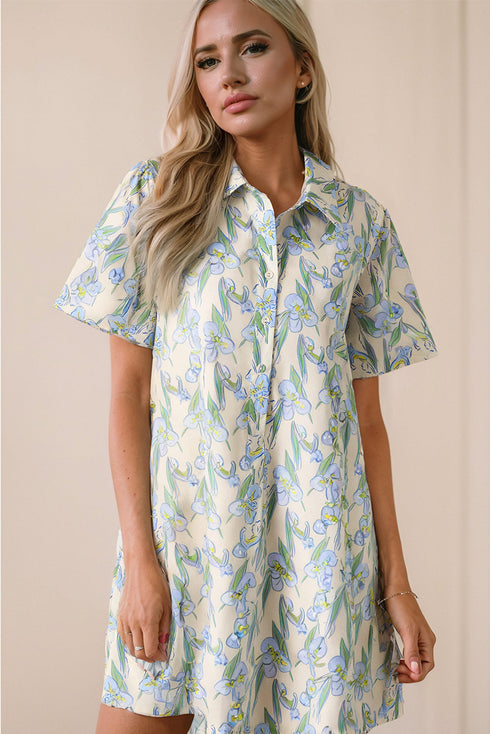 All Over Print Collared Short Sleeve Shift Floral Dress