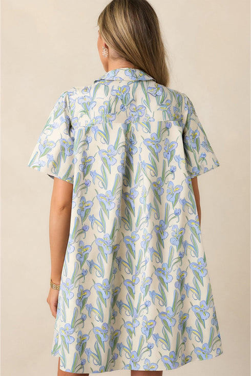 All Over Print Collared Short Sleeve Shift Floral Dress