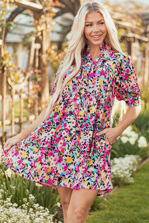 All Over Print Puff Sleeve Mini Floral Dress
