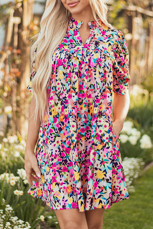 All Over Print Puff Sleeve Mini Floral Dress