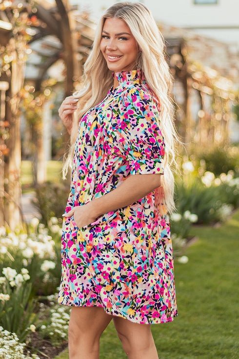 All Over Print Puff Sleeve Mini Floral Dress