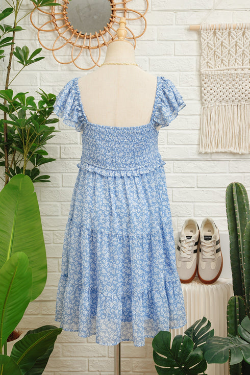All Over Print Smocked Flutter Sleeve Tiered Floral Dress