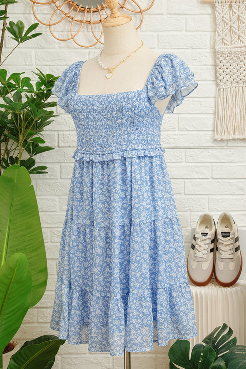 All Over Print Smocked Flutter Sleeve Tiered Floral Dress