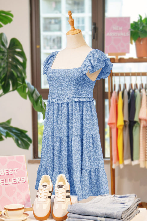 All Over Print Smocked Flutter Sleeve Tiered Floral Dress