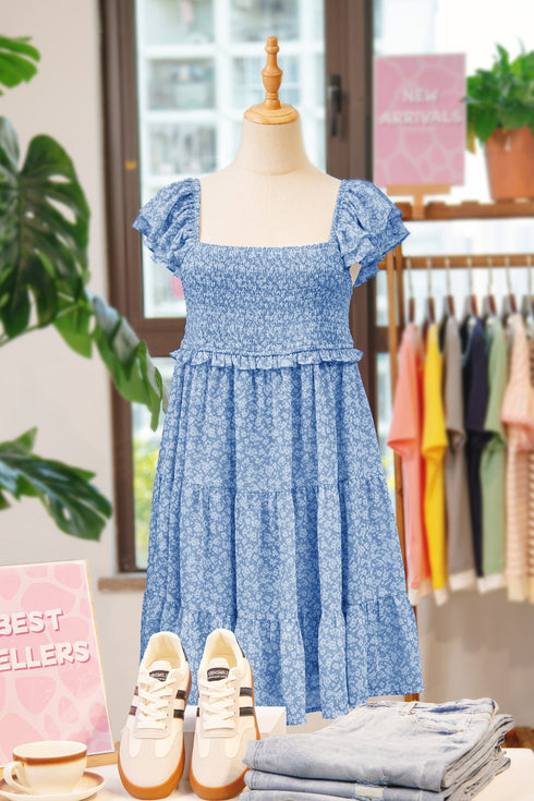All Over Print Smocked Flutter Sleeve Tiered Floral Dress