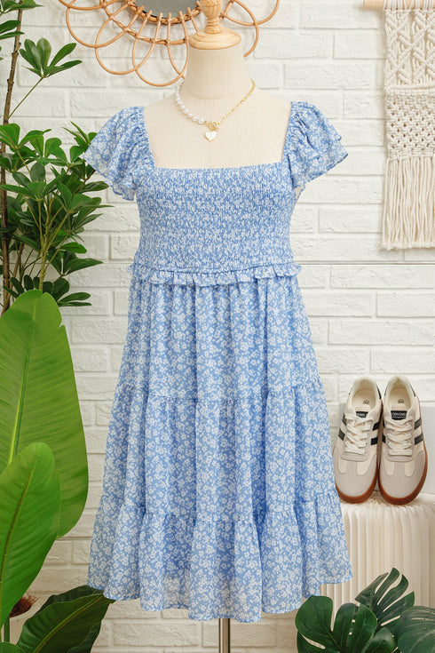 All Over Print Smocked Flutter Sleeve Tiered Floral Dress
