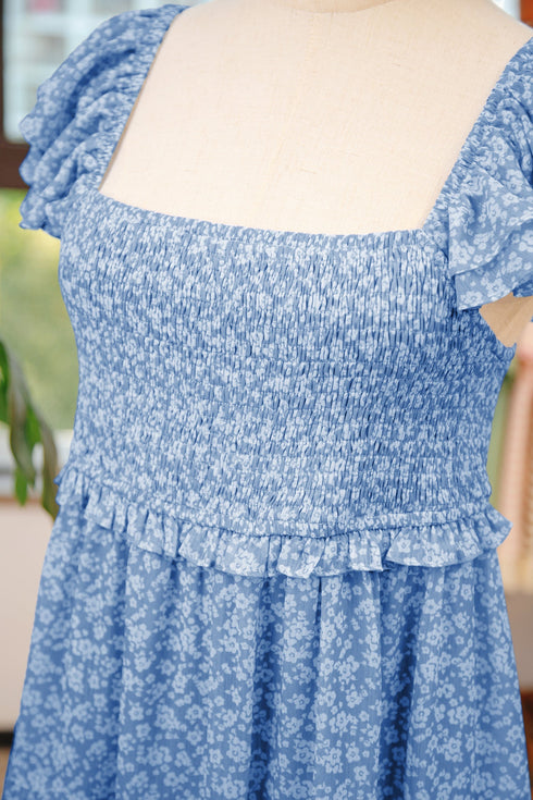 All Over Print Smocked Flutter Sleeve Tiered Floral Dress