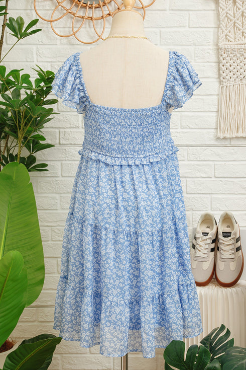 All Over Print Smocked Flutter Sleeve Tiered Floral Dress