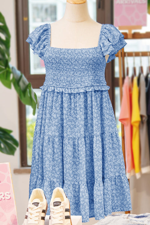 All Over Print Smocked Flutter Sleeve Tiered Floral Dress
