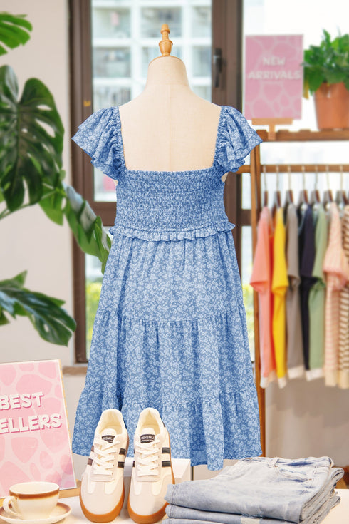 All Over Print Smocked Flutter Sleeve Tiered Floral Dress