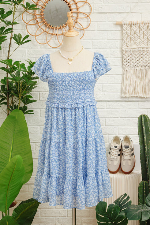 All Over Print Smocked Flutter Sleeve Tiered Floral Dress