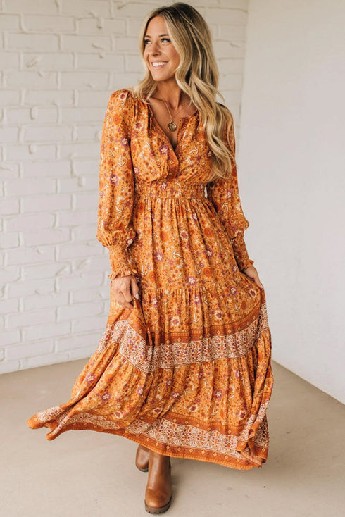 All Over Print Smocked Waist Bohemian Long Sleeve Floral Dress