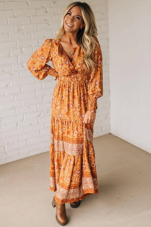 All Over Print Smocked Waist Bohemian Long Sleeve Floral Dress