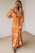 All Over Print Smocked Waist Bohemian Long Sleeve Floral Dress