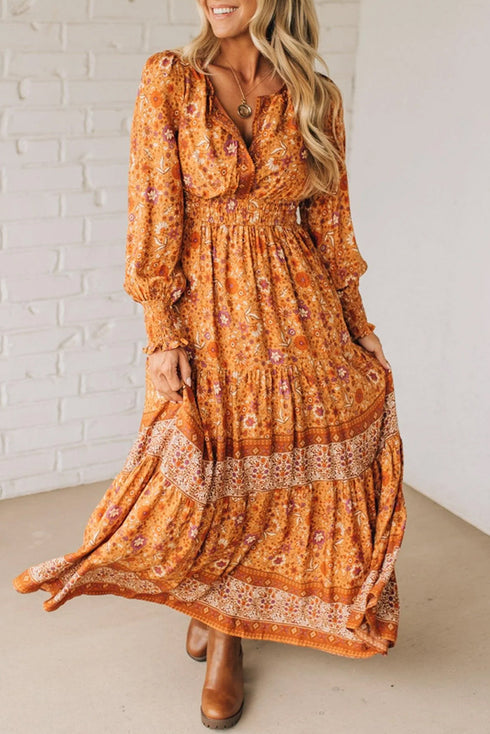 All Over Print Smocked Waist Bohemian Long Sleeve Floral Dress