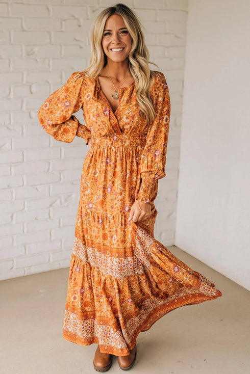 All Over Print Smocked Waist Bohemian Long Sleeve Floral Dress