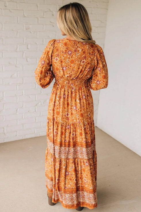 All Over Print Smocked Waist Bohemian Long Sleeve Floral Dress