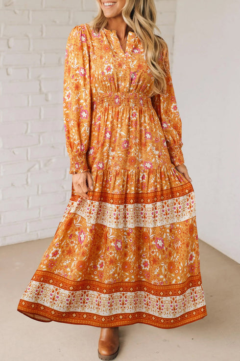 All Over Print Smocked Waist Bohemian Long Sleeve Floral Dress