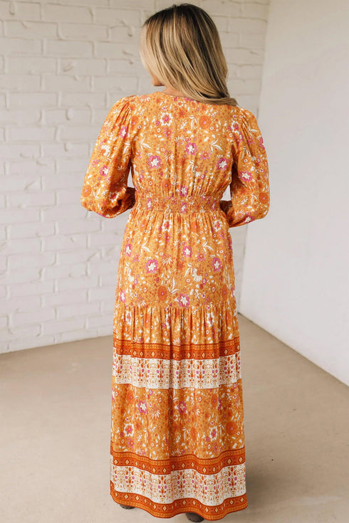 All Over Print Smocked Waist Bohemian Long Sleeve Floral Dress
