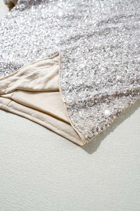 All Over Sequin Puff Sleeve Open Back Blouse