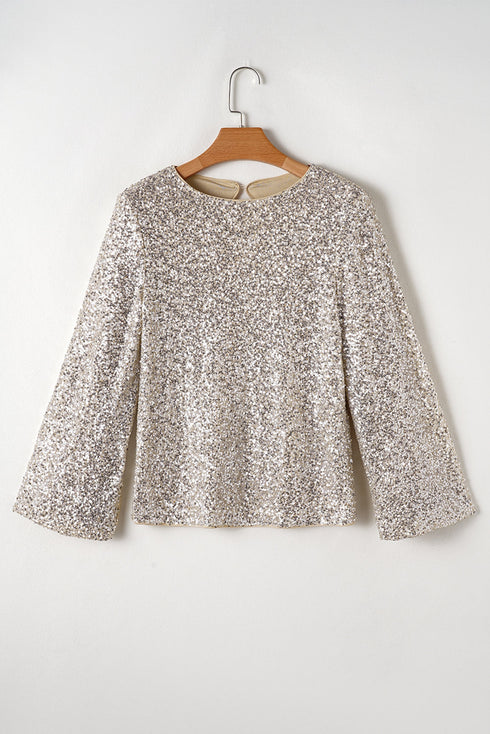 All Over Sequin Puff Sleeve Open Back Blouse